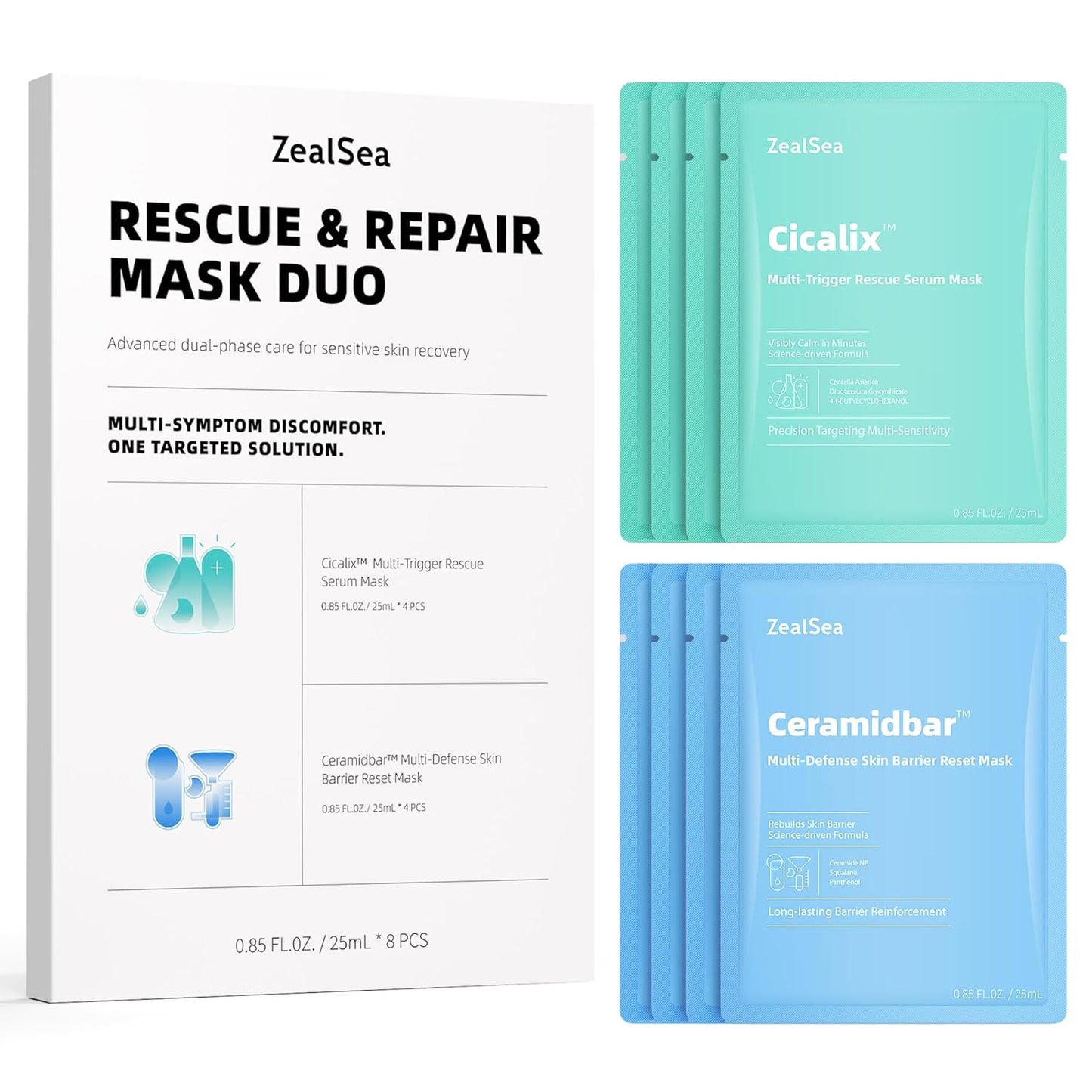 ZealSea Cicalix & Ceramidbar Face Masks Skincare, All-in-one Proven Derm Solution Facial Mask for Visibly Soft | Plump | Quenching | Anti-aging, Soothing & Refreshing, Strengthen & Restore, 4+4 Duo