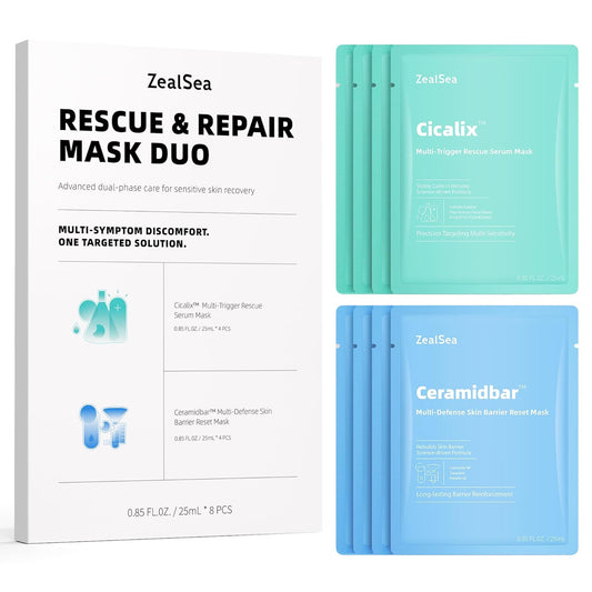 ZealSea Cicalix & Ceramidbar Face Masks Skincare, All-in-one Proven Derm Solution Facial Mask for Visibly Soft | Plump | Quenching | Anti-aging, Soothing & Refreshing, Strengthen & Restore, 4+4 Duo