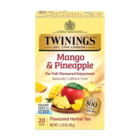 Twinings Mango & Pineapple Herbal Tea Individually Wrapped Bags, 20 Count (Pack of 1), Naturally Caffeine-Free, Enjoy Hot or Iced, 20 Teabags
