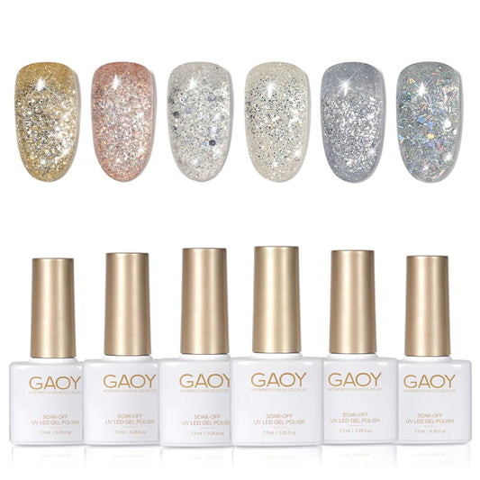 GAOY Glitter Gel Nail Polish Set, 6 Colors Silver Gold Champagne Sparkly, Soak Off UV Cure Gel for DIY Manicure at Home