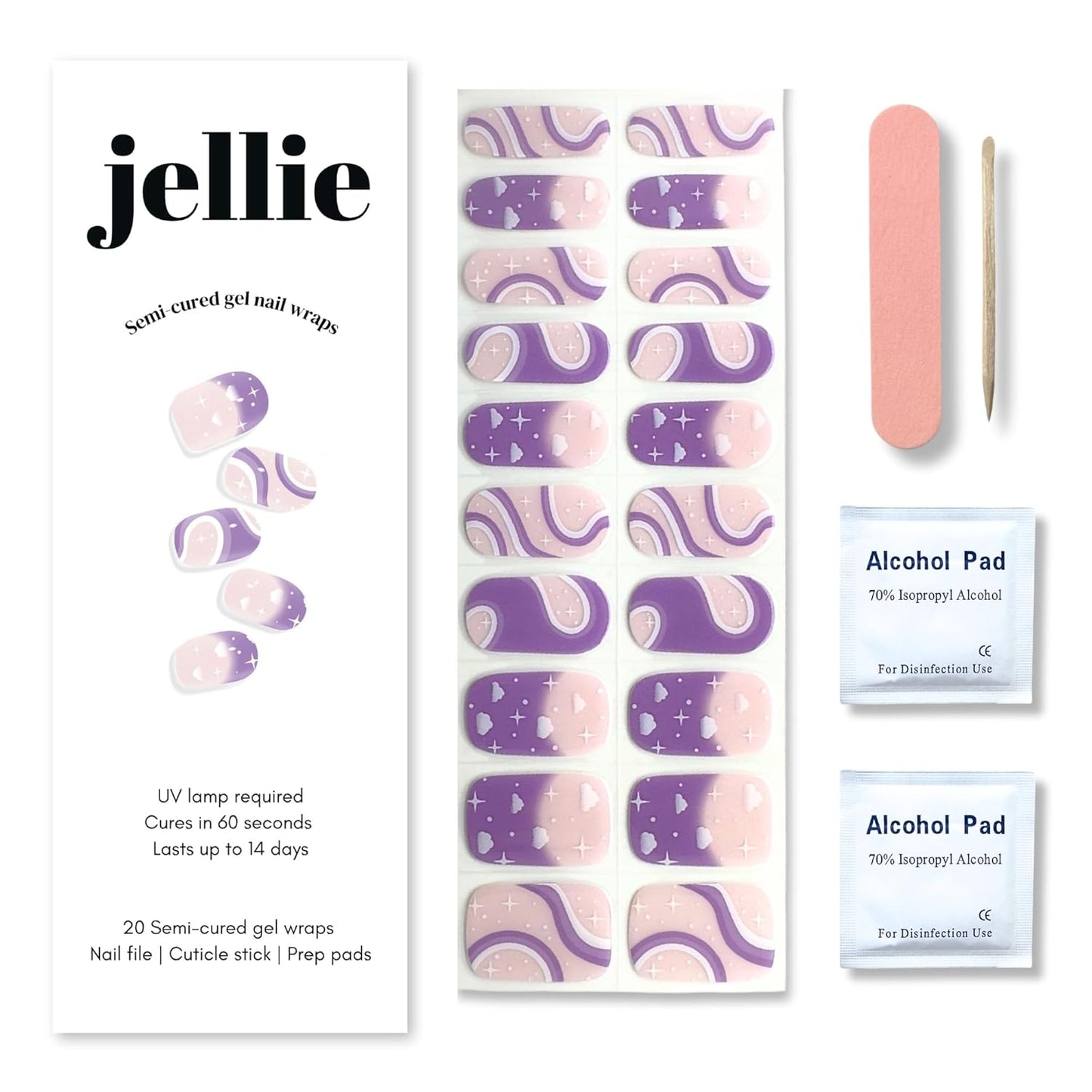 Semi-Cured Gel Nail Strips – 20 Extra-Long Nail Wraps in 10 Sizes – Real Gel Polish Stickers for DIY Manicure at Home – UV/LED Lamp Required – Long-Lasting, Easy to Apply, No Nail Damage