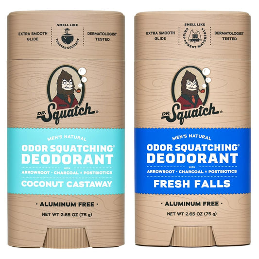 Dr. Squatch Natural Deodorant for Men - Odor-Squatching Aluminum Free - Coconut Castaway & Fresh Falls (2.65 oz, 2-Pack)