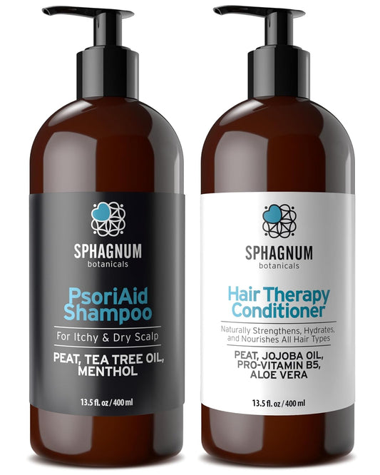 Sphagnum Botanicals Psoriasis Shampoo and Conditioner Set - Peat Mud Therapy for Red & Itchy Scalp with Tea Tree Oil, No Coal Tar. For Both Men and Women. 2 x 13.5 Oz