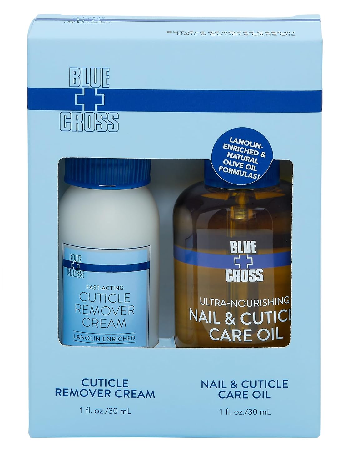 Blue Cross Cuticle Remover Cream 1oz + Professional Nail Care Oil for Dry Damaged Cuticles 1oz, 2 Pack Gift Set, Made in USA