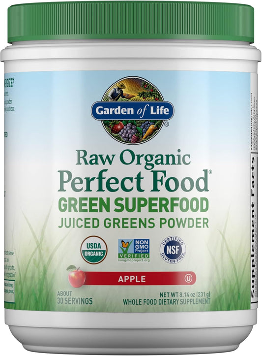 Garden of Life Raw Organic Perfect Food Green Superfood Juiced Greens Powder - Apple Flavor, 30 Servings - Vegan Gluten Free Whole Food Dietary Supplement, Greens Plus Probiotics & Enzymes