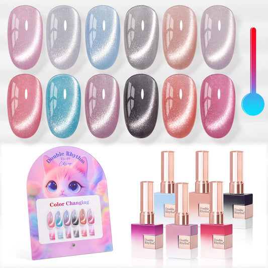 Double Rhythm Cat Eye Gel Nail Polish Set of 6 Same Color Same Bottle 0.5 Oz Shimmer Glitter with Magnet Holographic Reflective Magnetic UV Nail Polish Kit at Home (Color Changing-T6-49)