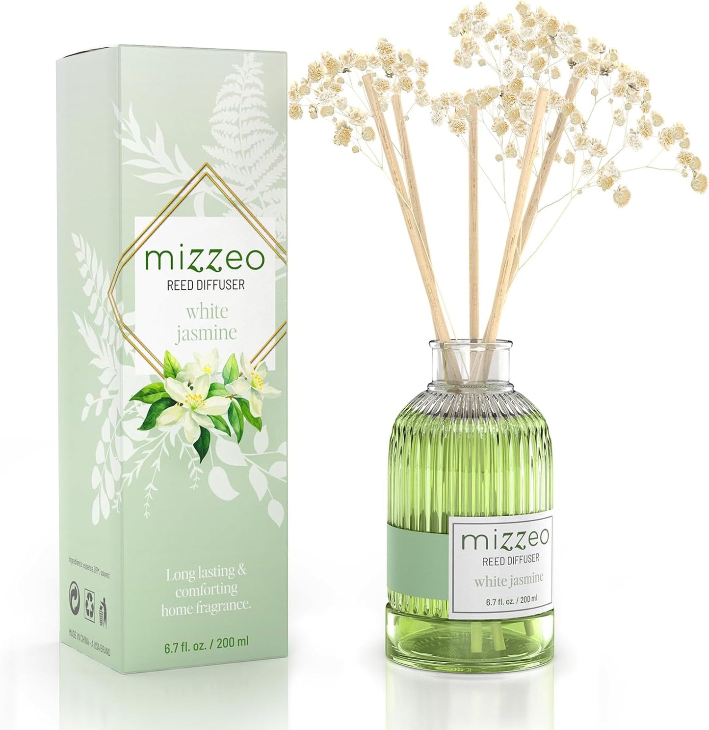 MIZZEO Reed Diffuser Set, White Jasmine 6.76 fl oz Highly Scented Room Diffuser Home Fragrance Essential Oil Reed Flower Diffuser, House Bedroom Office Decor & Gifts