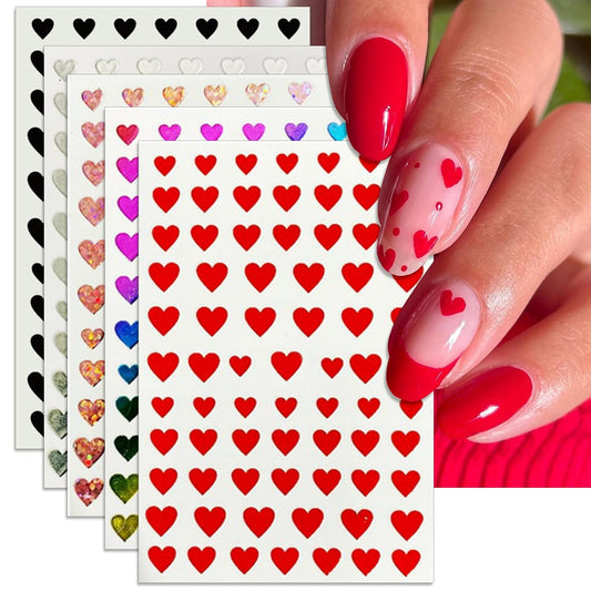 Valentine's Day Nail Art Stickers - Sexy Laser Heart Nail Decals, Self-Adhesive 6 Colors Black White Red Pink Kiss Heart for DIY 3D Nail Supplies Decoration (6 Sheets)
