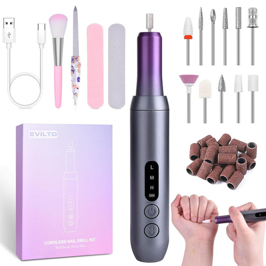 Electric Nail Files Cordless, Professional Nail Drill LCD Display With 12 Bits 30000RPM Rechargeable Manicure Pedicure EFile For Gel Nail Polish Acrylic Nails Thick Toenails Removal,Grey purple