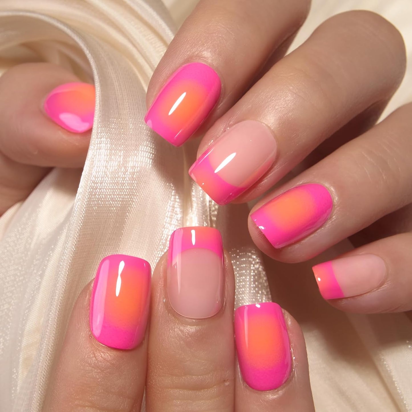 Curvlife Press On Nails Kit - Full Cover False Nail Tips with Medium Square Neon Mirage Trendy Designs, Reusable & Glue Included - Easy Application Nail Accessories for Women