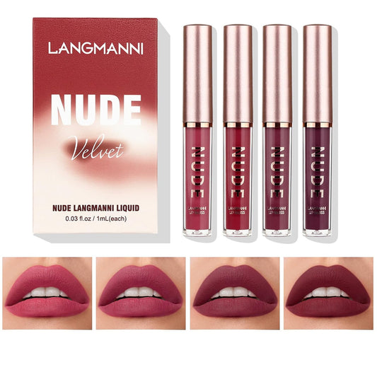 LANGMANNI Matte Liquid Lipstick Makeup Set Velvety Liquid Lipstick Long Lasting Durable Nude Lip Gloss Beauty Cosmetics Set for Girls and Women (4 Pcs set D)