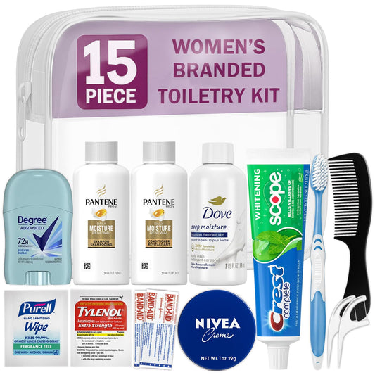 Peaknip Travel Toiletry Kit For Women - 15 Piece Travelers Essentials, TSA Compliant, Travel Size Toiletries kit, Bundle includes Shampooo & Conditioner, Body Wash, Deodorant, Moisturizer & More