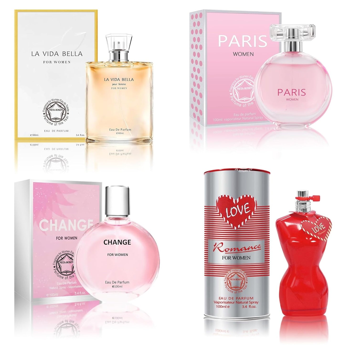 META-BOSEM Perfume for Women Set (100ml x 4PCS Variety Pack), LoveRoma, ParisW, LVBella, ChangeW, Long Lasting Perfume for Women All Day Use