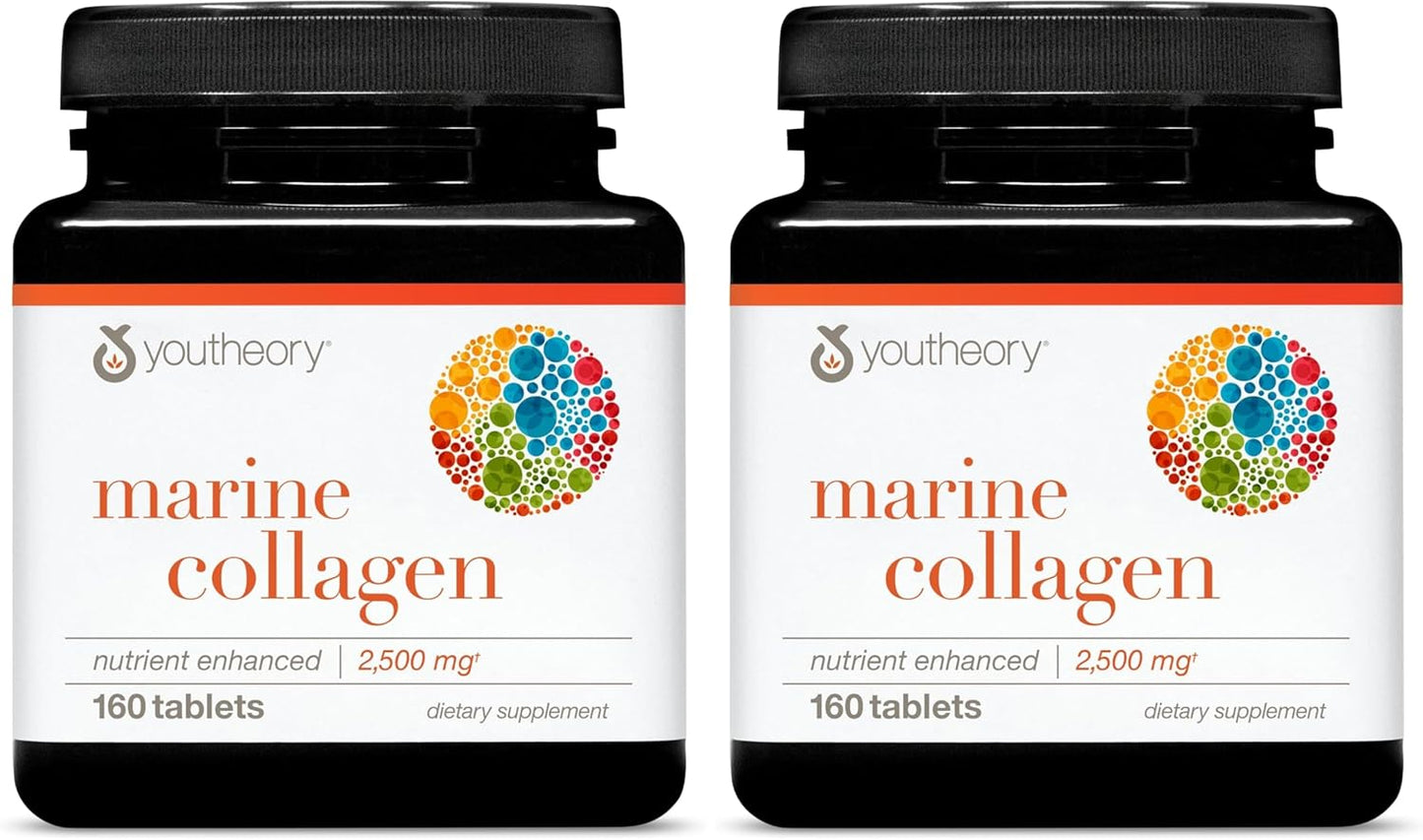 Youtheory Marine Collagen - 2,500 mg Hydrolyzed Collagen - Supports Skin* - Fish-Sourced Supplement with Vitamin C, A, E, B6, B12 & More - Highly Digestible & Absorbable - 160 Tablets (Pack of 2)