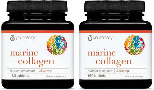 Youtheory Marine Collagen - 2,500 mg Hydrolyzed Collagen - Supports Skin* - Fish-Sourced Supplement with Vitamin C, A, E, B6, B12 & More - Highly Digestible & Absorbable - 160 Tablets (Pack of 2)