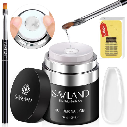 SAVILAND Builder with Air Cushion Design, Clear Hard Gel for Extension, Builder Base &Strengthener Art Manicure Set with 100pcs Forms and Acrylic Brush