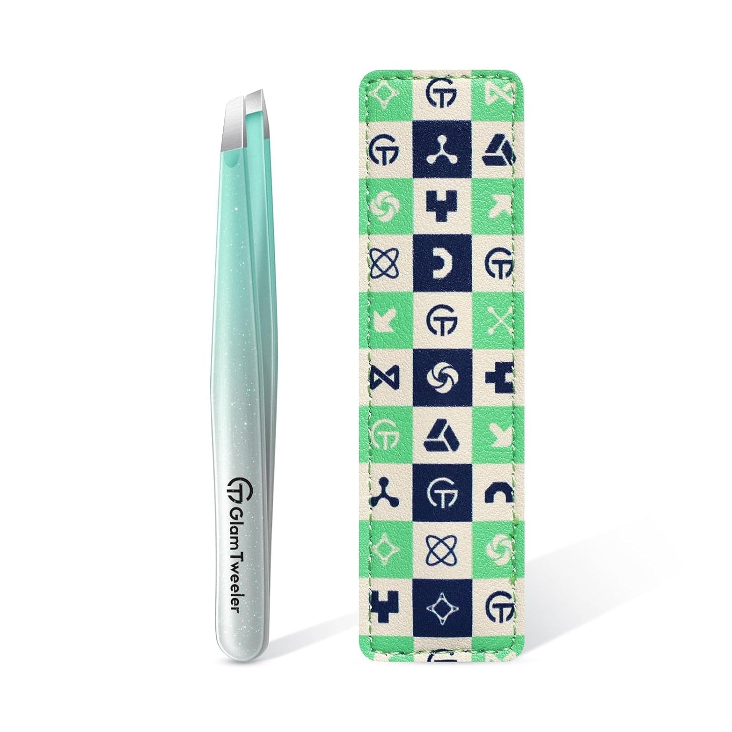 Expert Slant Tip Tweezers with Leather Case, GlamTweeler Sharp & Precision Stainless Steel Tweezer for Eyebrows, Facial Hair and Fine Hairs Removal (Sparkle Mint Green & Silver)