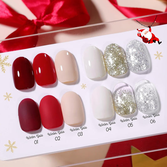 Born Pretty Christmas Red Gel Nail Polish Set,6 Colors Christmas Burgundy Blood Red Glitter Snowflake White Gold Silver Sparkle Nail Gel Kit Soak Off U V Nail Gel Polish Nail Art Home Diy Manicure