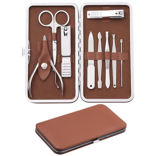 Manicure Set, FAMILIFE Professional Manicure Kit Nail Kit Mens Grooming Tools Pedicure Tool 9PCS Gifts for Men Boyfriend Stainless Steel Nail Clipper Set Leather Case Brown