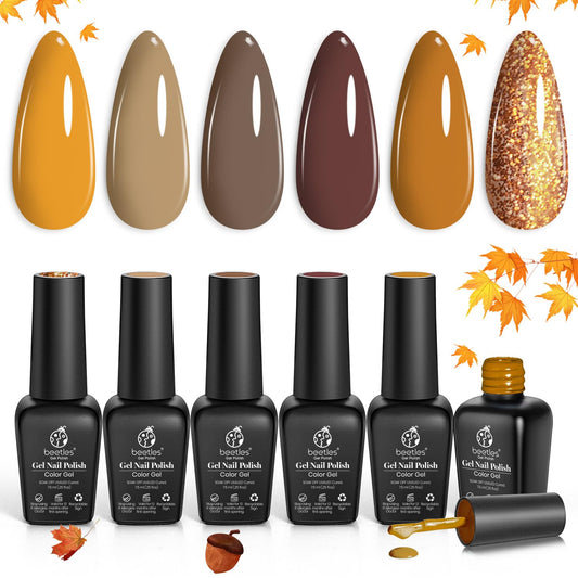 Beetles Fall Gel Nail Polish Set 6 Colors Caramel Chocolate Coffee Mocha Yellow Gold Glitter Brown Gel Polish Kit Soak Off UV LED Cured Nail Art Gifts for Women Caramel Swirl