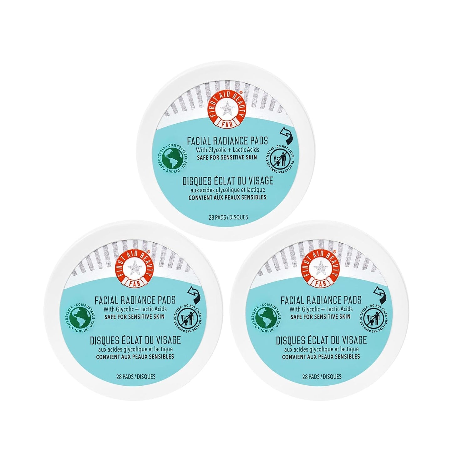 First Aid Beauty - Facial Radiance Pads with Glycolic & Lactic Acids, Daily Exfoliating Pads with AHA, Visibly Smaller Pores, Help Tone & Brighten Skin, One-Step Makeup Prep, Compostable, 28, 3ct