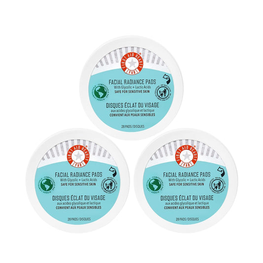 First Aid Beauty - Facial Radiance Pads with Glycolic & Lactic Acids, Daily Exfoliating Pads with AHA, Visibly Smaller Pores, Help Tone & Brighten Skin, One-Step Makeup Prep, Compostable, 28, 3ct