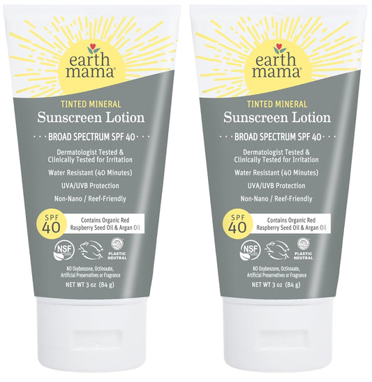 Earth Mama Tinted Mineral Sunscreen Lotion SPF 40, Contains Organic Argan and Red Raspberry Seed Oil, 3-Ounces, 2-Pack