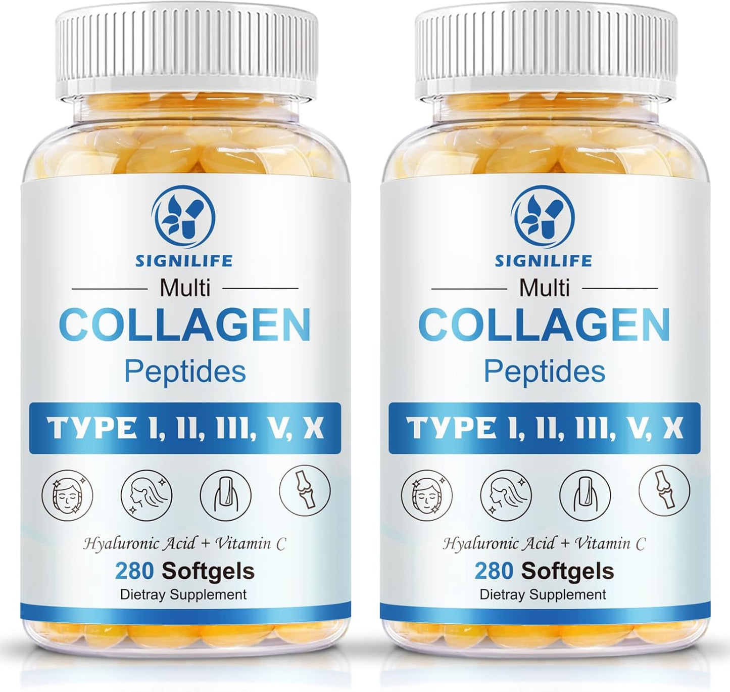 Multi Collagen Peptides for Women & Men, Hydrolyzed Collagen Peptides-Type I, II, III, V, X - with Hyaluronic Acid,Vitamin C,Biotin,Supports Skin Hair Nail, Non-GMO,560 Softgels