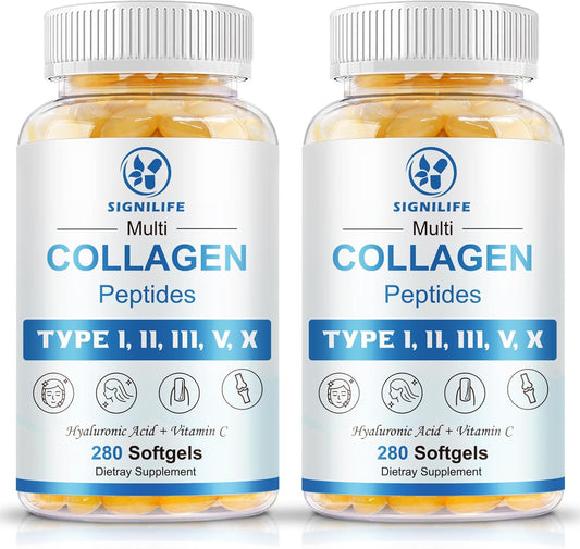 Multi Collagen Peptides for Women & Men, Hydrolyzed Collagen Peptides-Type I, II, III, V, X - with Hyaluronic Acid,Vitamin C,Biotin,Supports Skin Hair Nail, Non-GMO,560 Softgels