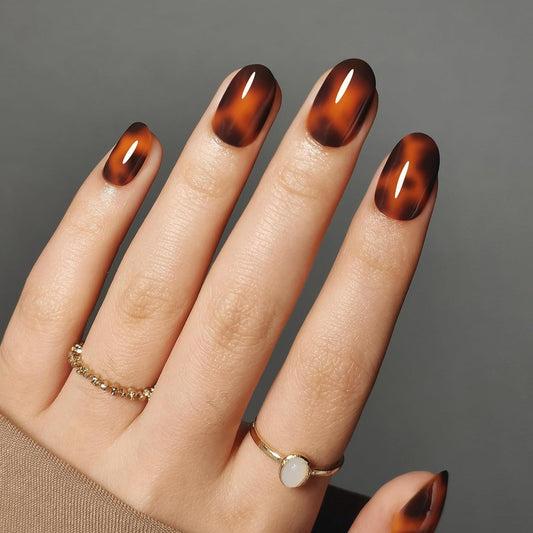 Press On Nails - Tortoise I Tortoise Shell Short Oval I 16 Sizes - 32 Reusable Fake Nail Kit - Glue & Adhesive Tabs I Long-Lasting, Damage-Free Wear