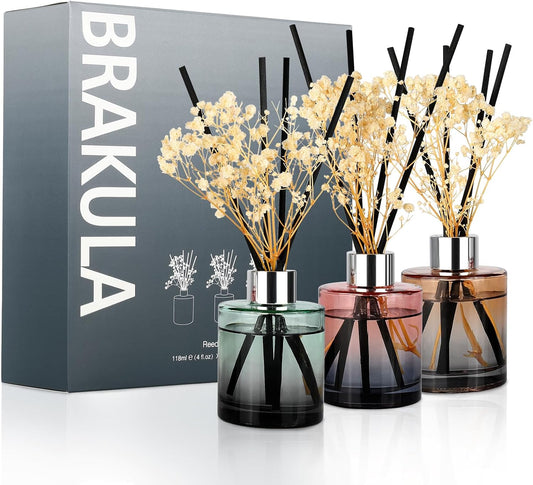 Brakula 3 Pack Reed Diffuser, Oil Diffuser Sticks, Fresh Linen, White Jasmine,Eucalyptus&Wild Mint, (4 fl oz Each Pack), Home Fragrance with 15 Stick, Shelf Decor, Reed diffusers for Home
