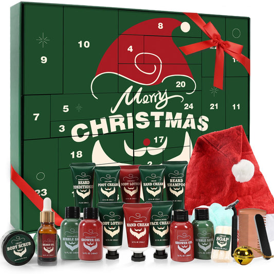 BODY & EARTH 2025 Advent Calendar Mens Bath Set 24 Days Grooming Beard Care Set for Men Skincare Calendar Holiday Christmas Gifts Spa Set with Cedar Beard Oil Body Scrub Comb Bath Essentials