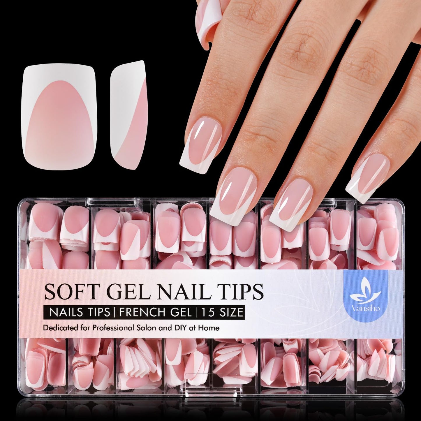 Vansiho Deep French Gel Nail Tips 600Pcs, Short Square Soft Gel Nail Tips, Pink French Tips Press on Nails, Fake Nails with Box for Nail Art DIY 15 Sizes
