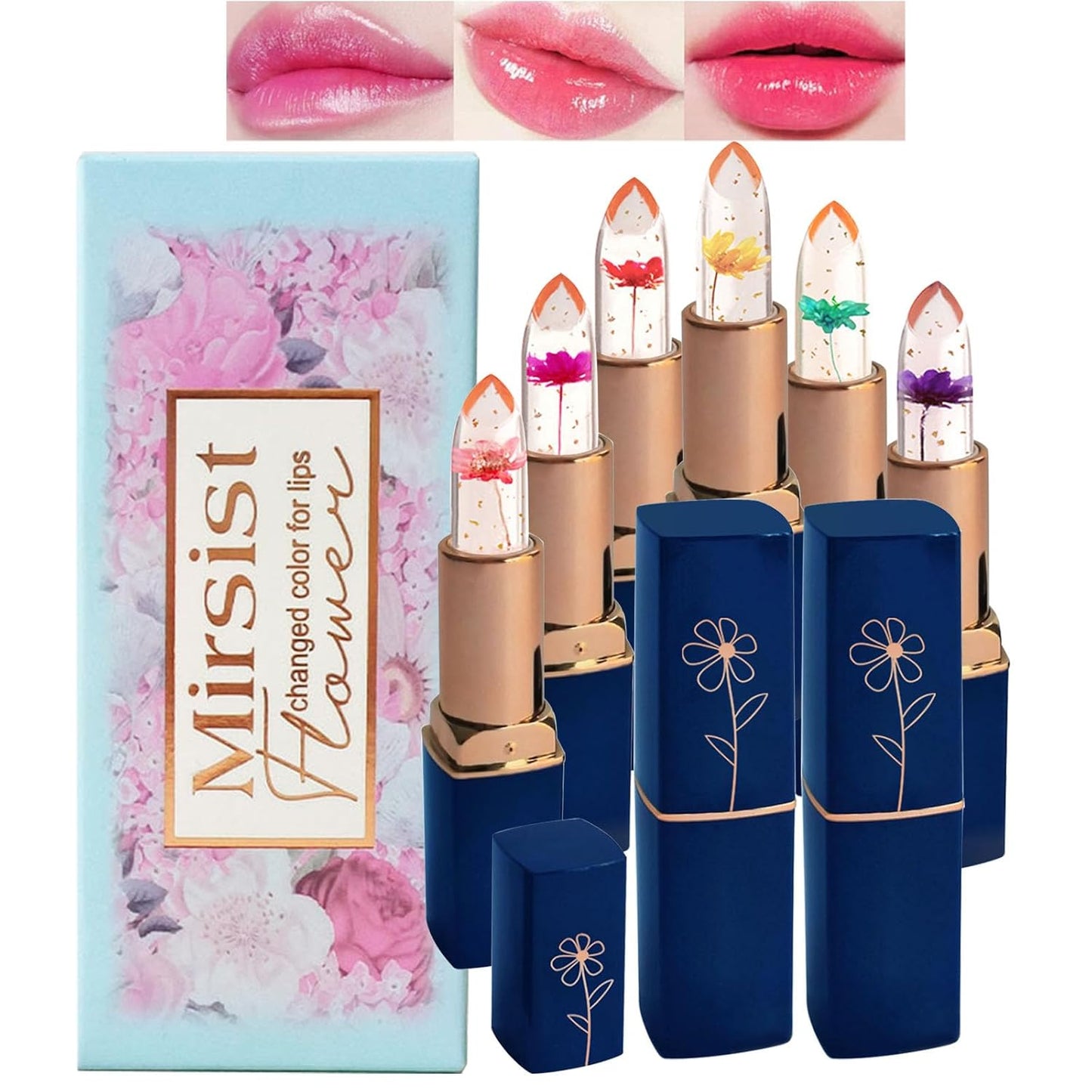 6 PCS pH Color Changing Lipstick, Crystal Flower Jelly Lipstick Glimmer Balm for all Skin Tones, Soft Tint & Subtle Shimmer Effect (Pink)