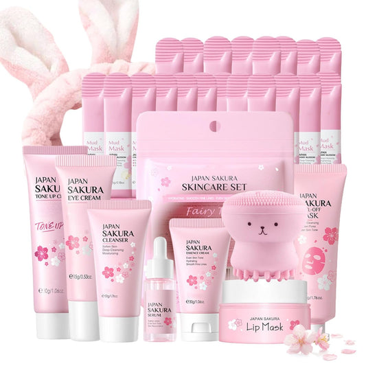 Japan Sakura Skin Care Set for Teen Girls - Evolvique Skin Care for Teens 10-12 - Skincare for Girls 10-12 - Skin Care Kit Gift Set for Women with Cleanser,Serum,Cream(One Size, 8PCS Sakura Scent)