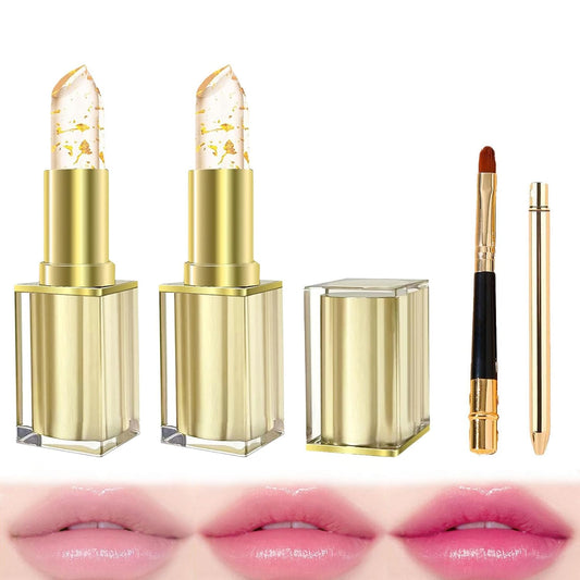 Color Changing Lipstick, 24 Hours Lipsticks Long Lasting Waterproof, Transferproof Color Changing Ph Clear Lip Gloss, Moisturizing Nourishment Lipstick Gold Foil for Women (2Pcs)