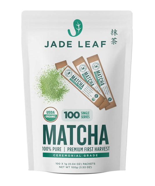 Jade Leaf Matcha Organic Ceremonial Grade Green Tea Powder - Bulk Matcha Single Serve Stick Packs - Authentic Japanese Origin (100 Count Single Serve Stick Pack Box)
