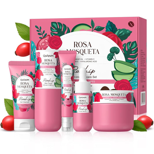 Skin Care Set, Rosehip Vitamin E Skincare Kits 5PCS- Beauty Skin Care for Women, Facial Skin Care Routine Set Kit, Restore Skin Elasticity, Refine Skin Texture, Even Skin Tone, for All Skin Types