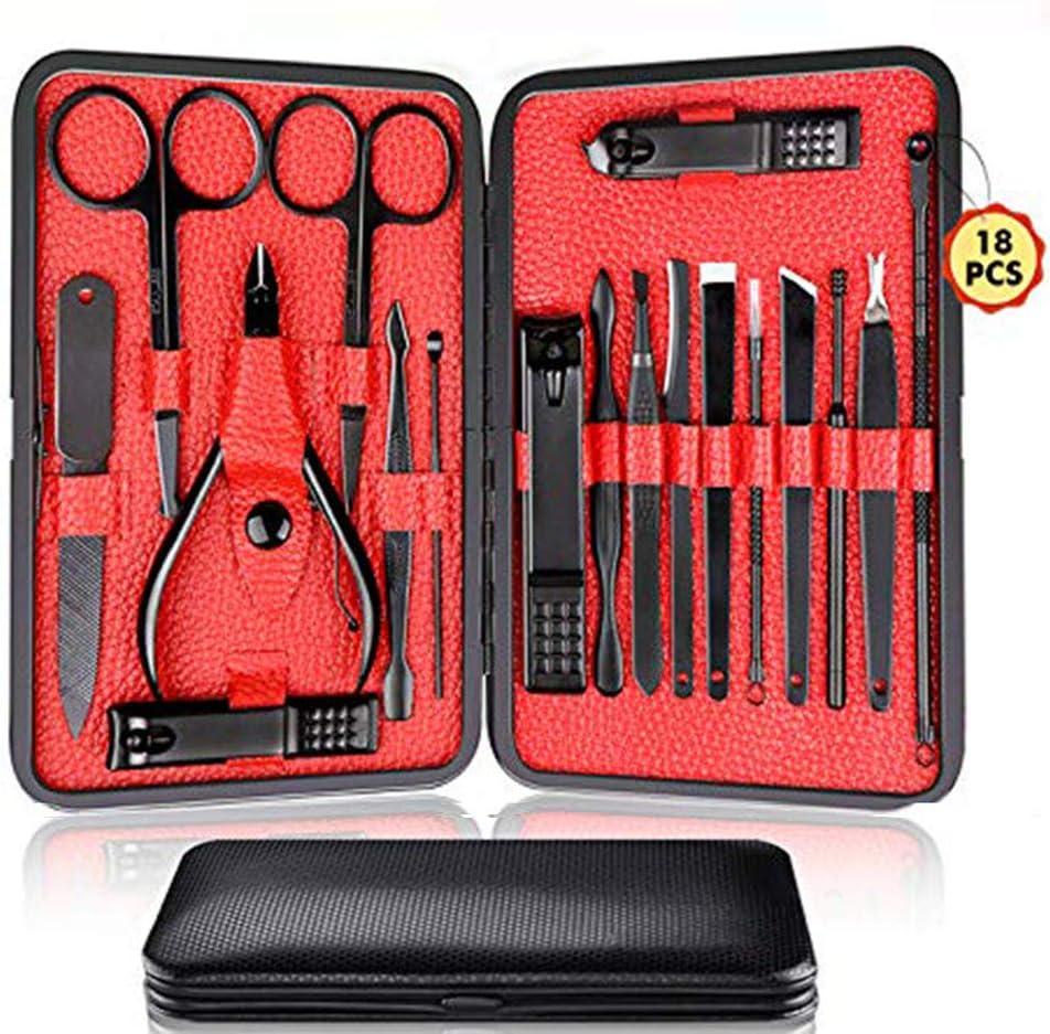 Manicure Pedicure Kit Nail Clippers Set 18 in 1 High Precision Stainless Steel Cutter File Sharp Scissors for Men & Women Fingernails & Toenails Vibrissac Scissors with Stylish Case (Red_18in1)