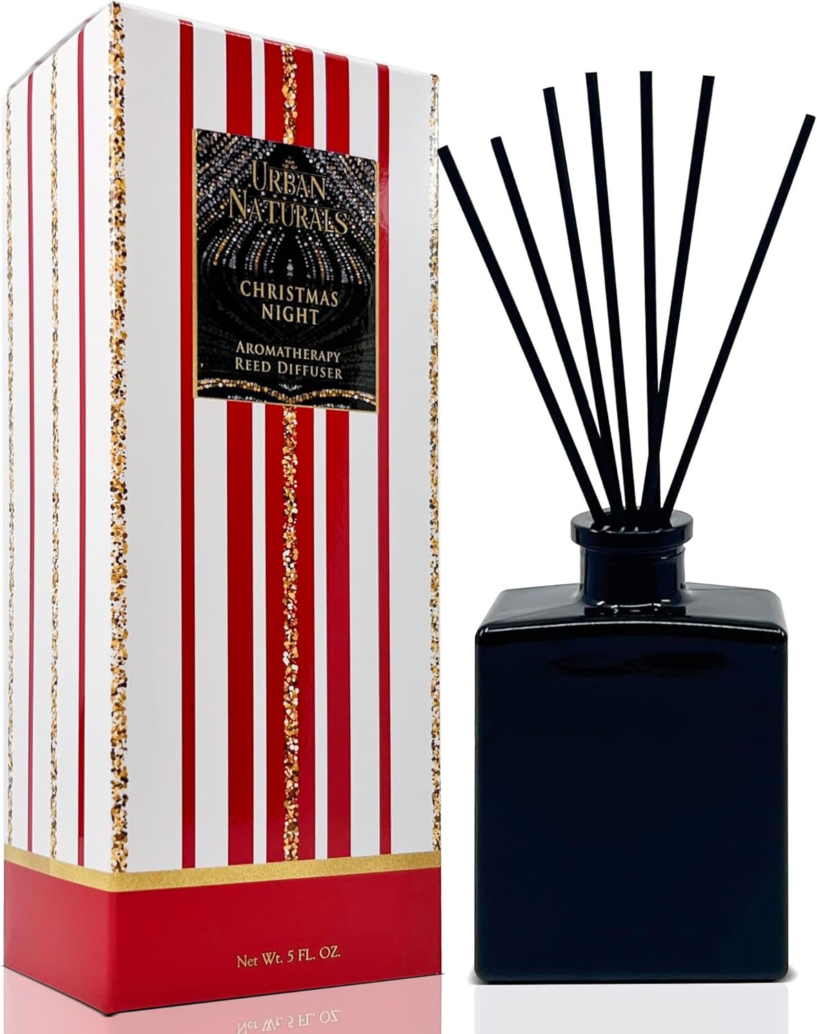 Urban Naturals Christmas Night Reed Diffuser Set – Cinnamon Spice, Almond, Clove, Cedarwood, Fresh Balsam and Fir Needle – 5 Ounce Sleek Black Rectangular Refillable Glass Bottle – Made in The USA