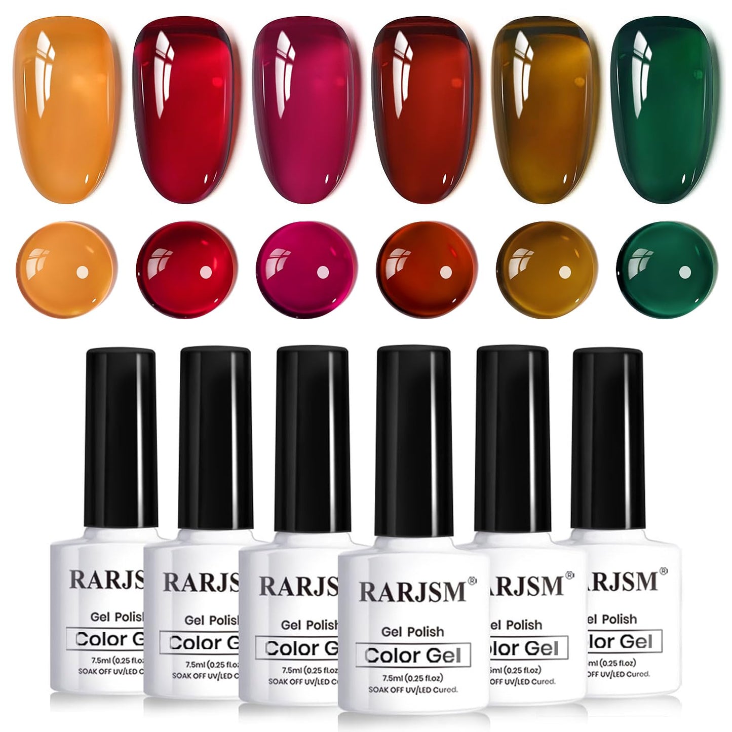 RARJSM Jelly Stained Glass Gel Nail Polish Set 6pcs Clear Amber Yellow Cherry Red Orange Olive Green Crystal Transparent Series Sheer Gel Varnish Curing Requires Soak off Home Salon French Manicure