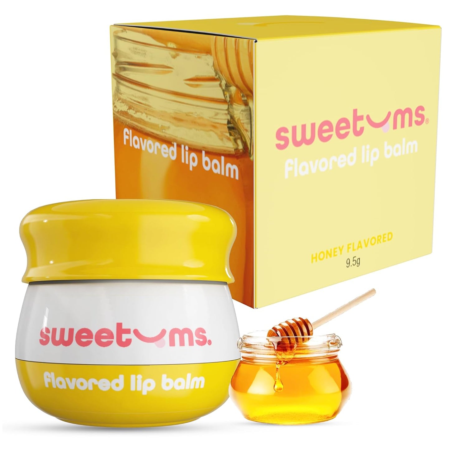 Sweetums Honey Lip Balm with Vitamin E Oil – Glowy Balm for Dry, Chapped Lips – Vegan Lip Care with Built-In Mirror and Applicator – Hydrating Lip Treatment with Glossy Finish – 0.15 oz