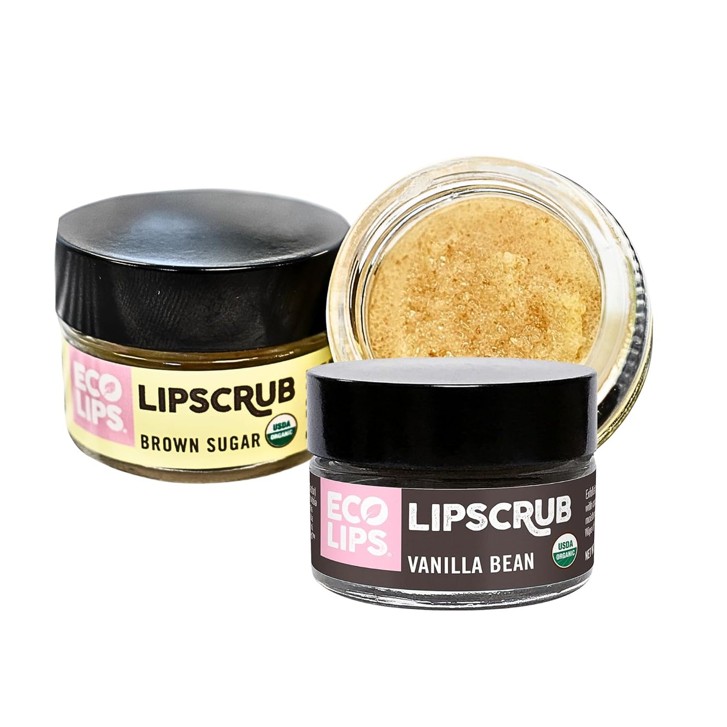 Eco Lips LIP SUGAR SCRUB 2 Pack (2-0.5oz jars) 100% Organic Lip Care Treatment with Organic Sugar & Coconut Oil - Gently Exfoliate & Polish Dry, Flaky Lips, 100% Edible (Vanilla Bean & Brown Sugar)