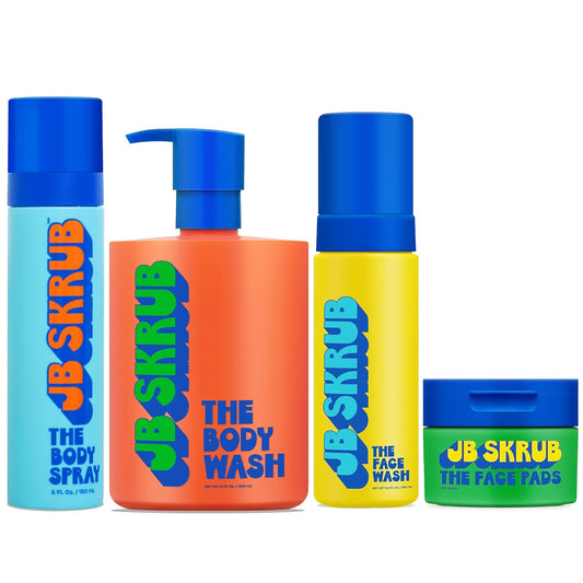 JB SKRUB Body Spray, Body Wash, Face Wash, and Face Pads - Invigorating Skincare Bundle for Teen Boys, Tweens, and Kids - Freshness to Fuel Confidence