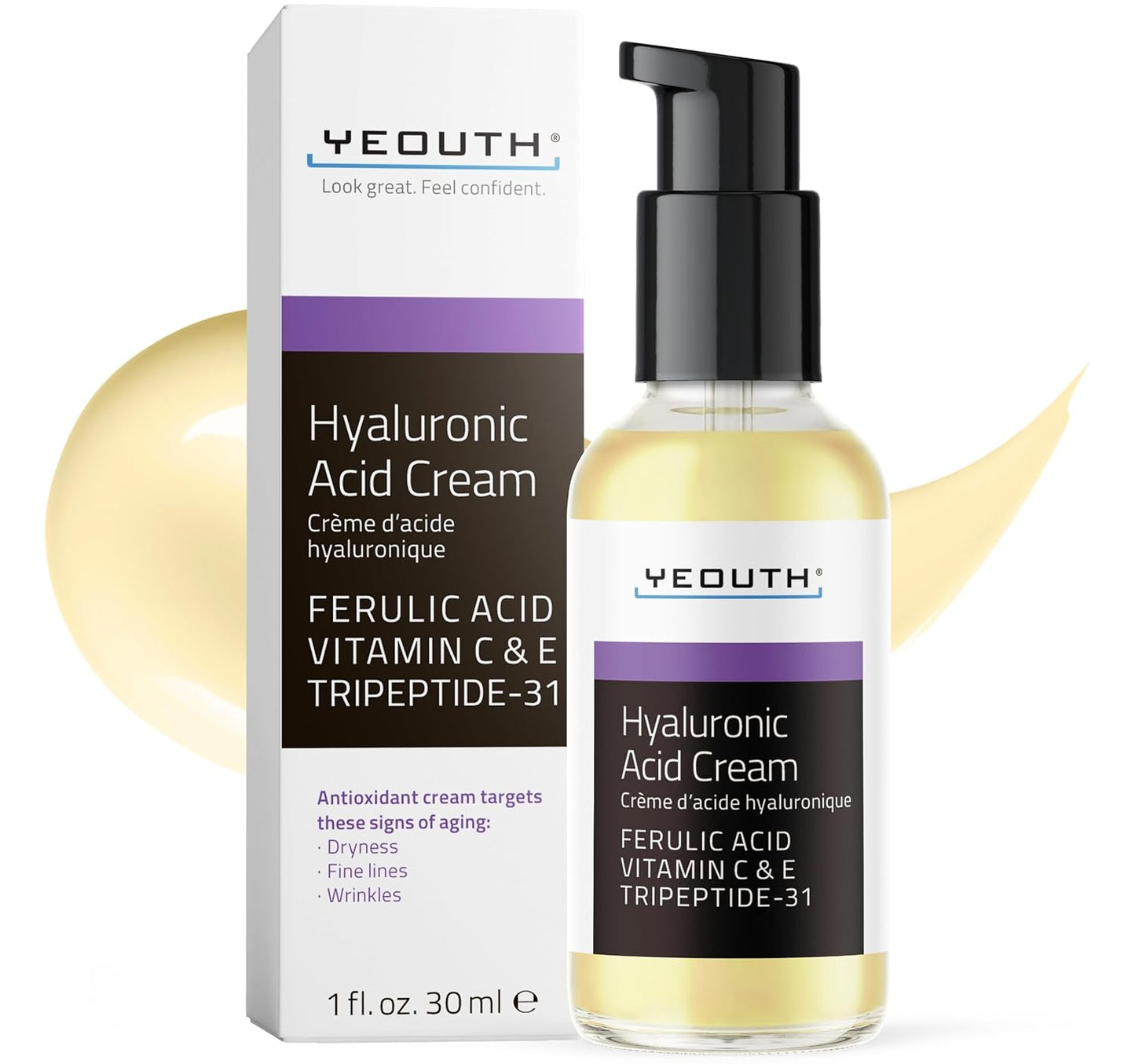 YEOUTH Hyaluronic Acid Moisturizer Face Cream with Vitamin C & E, Ferulic Acid & Tripeptide 31, Hydrating Face Moisturizer, Hyaluronic Acid Cream Suitable for Dry & Dull Skin 1oz