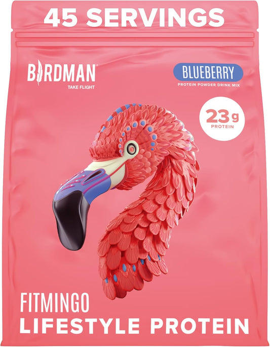 BIRDMAN Fitmingo Vegan Protein Powder with Inositol, Collagen Boosters, Hyaluronic Acid and Vitamins | Low Carb, Dairy Free, Low Calorie | 23g Plant Based Blueberry Protein Powder with Myo-Inositol