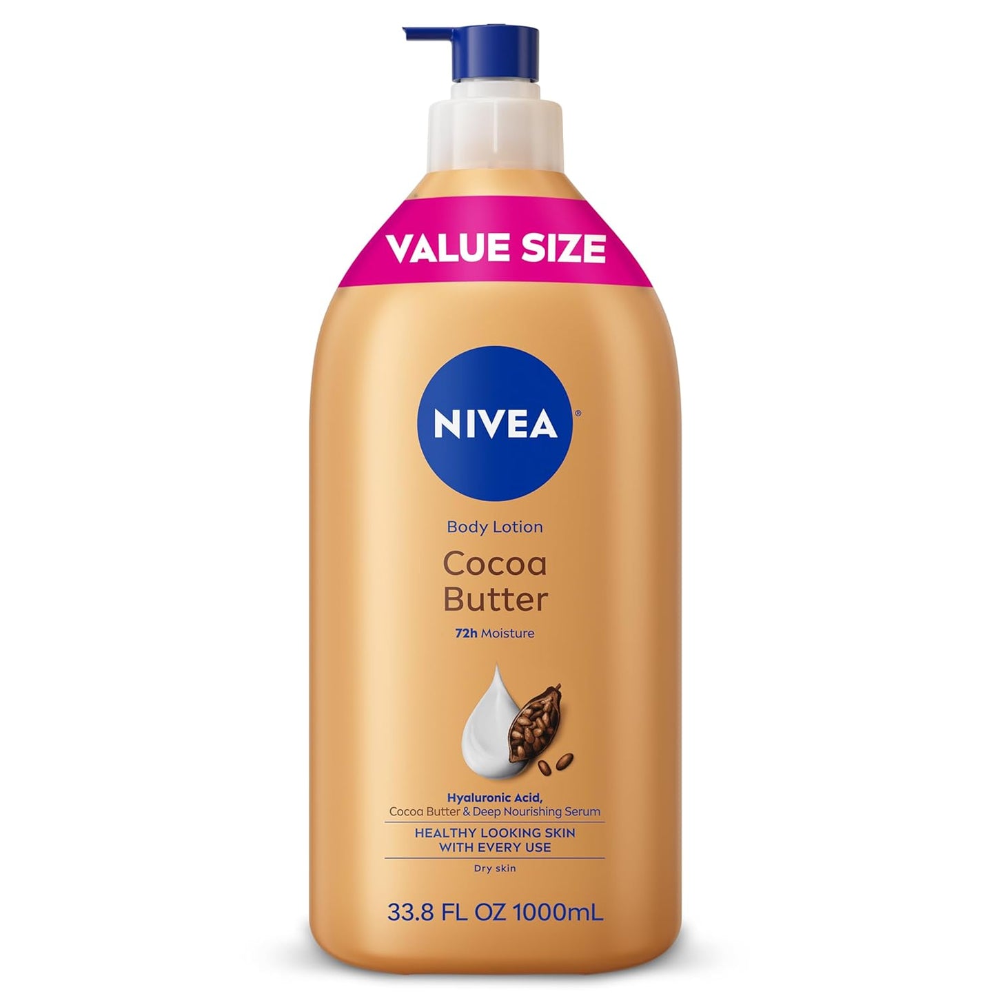 NIVEA Cocoa Butter Body Lotion for Dry Skin with Hyaluronic Acid, Cocoa Butter and Deep Nourishing Serum, 72-Hour Body Moisturizer, 33.8 Fl Oz Value Size Pump Bottle