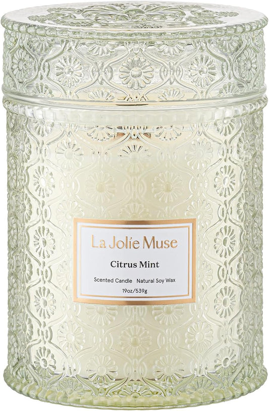 LA JOLIE MUSE Citrus Mint Candle - Bergamot, Yuzu, Mint | 19 oz Large Wooden Wick Candle | Natural Soy Wax | 90 Hours Clean Burn | Fresh Citrus Candles | Modern Home Decor