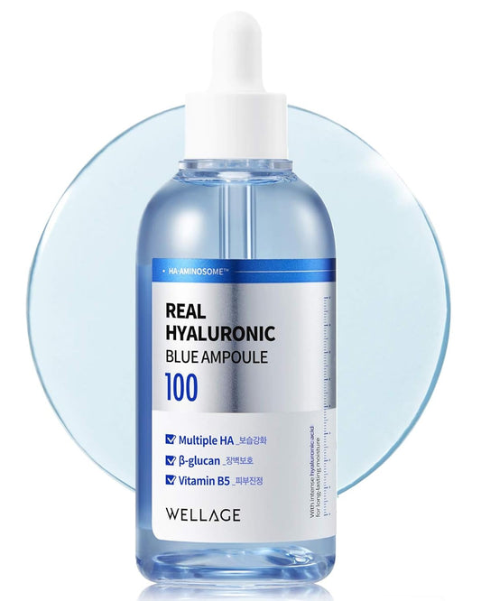 WELLAGE Real Hyaluronic Blue Ampoule 100, Korean Serum, Fragrance Free Hyaluronic Acid Ampoule with Panthenol, Wild yam, Centella for Sensitive Dry Skin Moisturizer 2.54 fl.oz