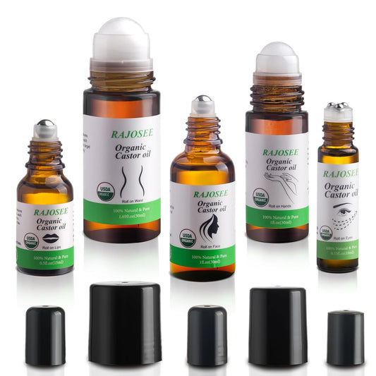 5 Pcs Castor Oil Roll on Set, Certified Organic Castor Oil Rolling for Skin Waist Back Leg Lip Eyebrow Hair, Cold Pressed Essential Oil in Glass Bottle